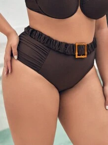SHEIN Swim Curve Plus Size Bikini Bottoms Berikat Kontras Mesh Ruffle Plain - Coffee Brown - View 4