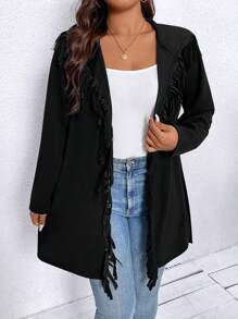 SHEIN LUNE 大碼流蘇邊開門襟連帽外套 - 黑色 - 查看 5