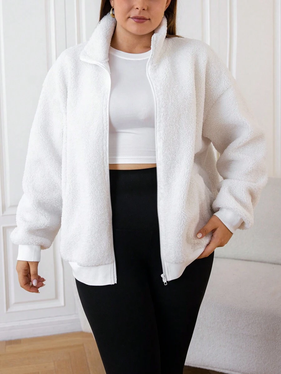 SHEIN EZwear 大碼落肩袖拉鏈開襟毛絨夾克 - 白色 - 查看 1