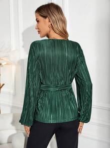 EMERY ROSE Textured Tie Waist Women's Top - Green - View 2