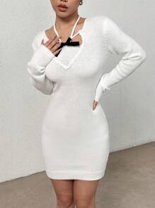 SHEIN Unity Nơ mặt trước Buộc lại Váy len bó sát - trắng - Xem 5