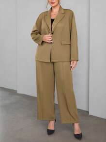 SHEIN Essnce Plus Solid Blazer & Wide Leg Pants - Khaki - View 3