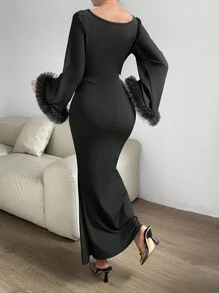 Chiquease Layered Mesh Frill Cuff Trumpet Sleeve Mermaid Hem Dress Maxi Women Outfit