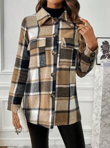 SHEIN Essnce 格紋印花翻蓋口袋外套 - 咖啡棕 - 查看 4