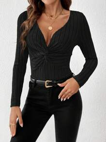 SHEIN Frenchy Của phụ nữ Mặt trước xoắn Áo thun - màu đen - Xem 1