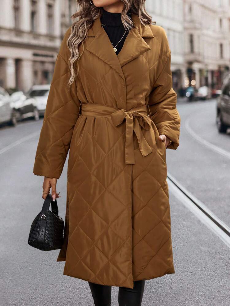 Diamond Quilted Pleated Long Padded Coat Clothes Winter With Waist Belt Fall Cloth For Women