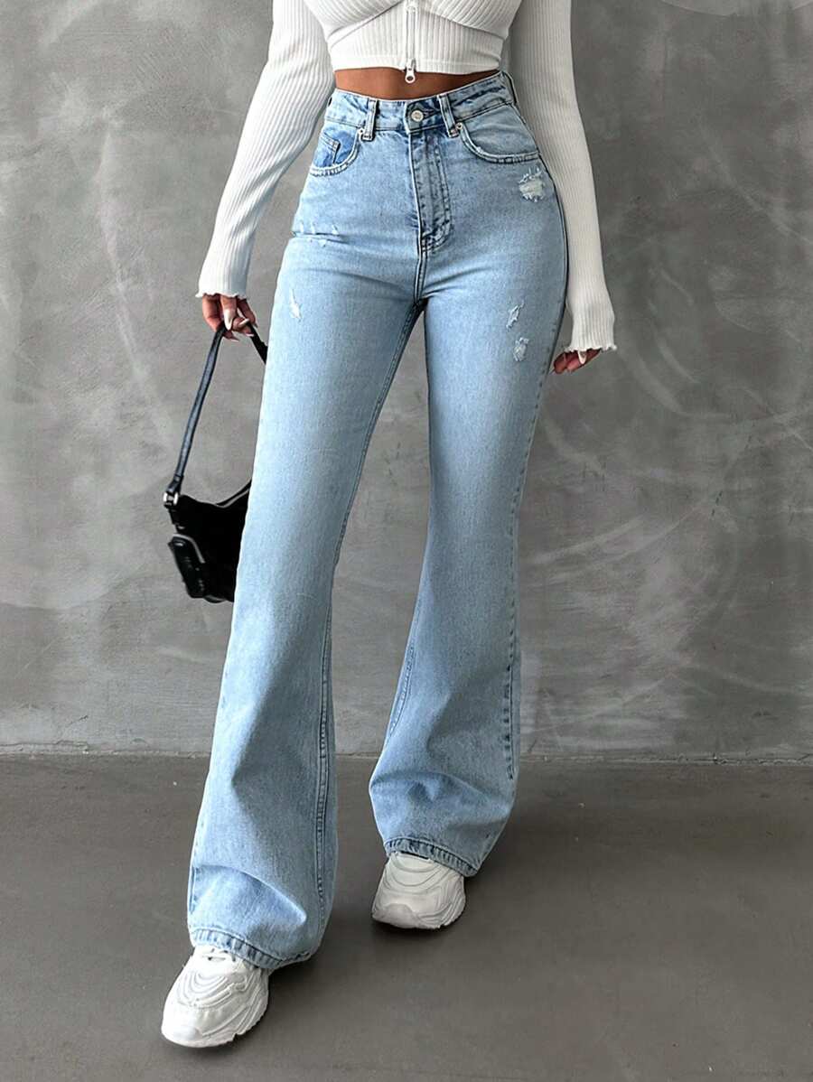 EURMUSE Jeans campana con cremallera, 98% algodón, con efecto desgastado - Lavado ligero - Ver 1