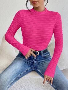 SHEIN Essnce 素色小高領T恤 - 玫紅色 - 查看 5