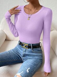 SHEIN Essnce Solid Ribbed Knit Sweater - Purple - View 4