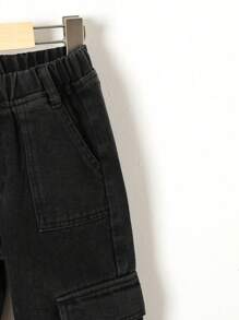 小女孩復古洗滌街頭風格多袋牛仔工裝褲,帶有彈性袖口 - 黑色 - 查看 4