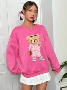 SHEIN EZwear 卡通熊設計的長袖圓領女士運動衫，休閒適合，適用於秋冬季節 - 玫紅色 - 查看 3