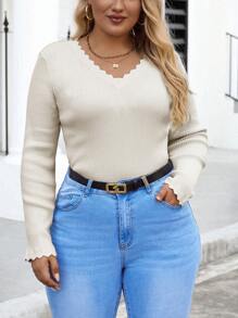 SHEIN Clasi 女款大尺碼扇貝邊羅紋針織毛衣