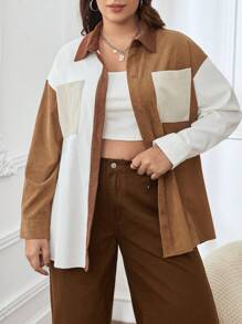 SHEIN Essnce Plus Colorblock Drop Shoulder Pocket Patched Corduroy Coat