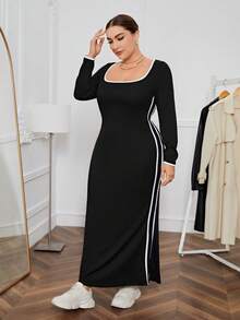 SHEIN Essnce 大碼撞色滾邊方領洋裝 - 黑色 - 查看 4