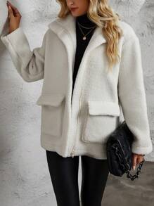 SHEIN LUNE Women's Solid Color Double Pocket Zippered Fleece Jacket - Apricot - View 3