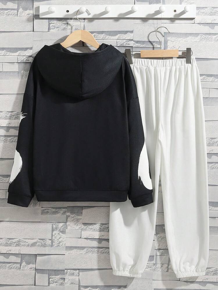 Boys' Casual Hooded Knit Two-piece Set With Letter Printed Top And Pants