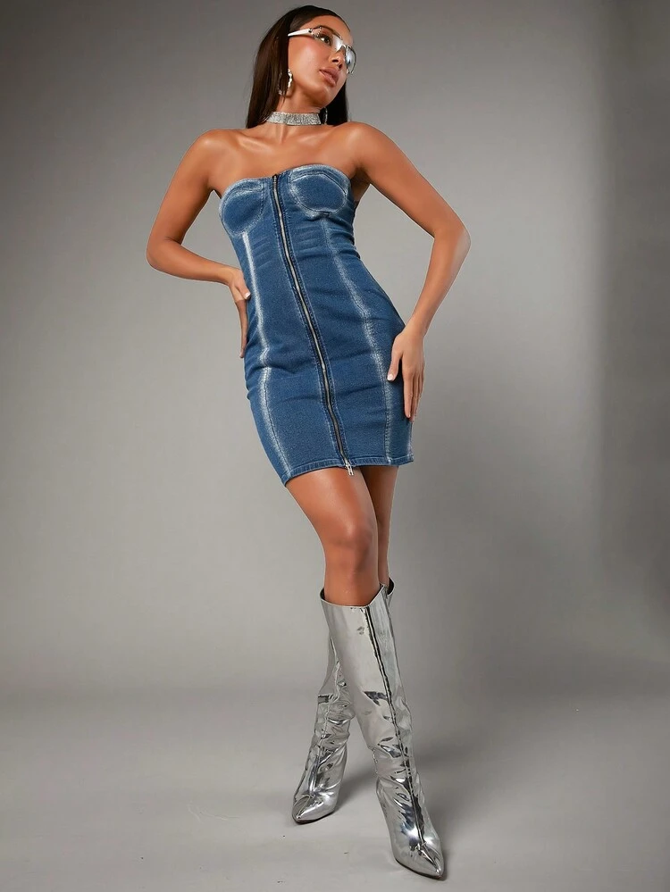 Women's Denim Strapless Dress With Front Zipper For Western Party Costume