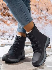 Women's Warm Short Boots For Winter, Rubber Anti-slip Outdoor Hiking Shoes, Lace-up Waterproof Wear-resistant Trekking Boots
