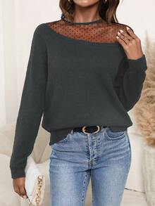 SHEIN LUNE Áo len thả vai lưới tương phản thường ngày cho nữ - Màu xám đen - Xem 6