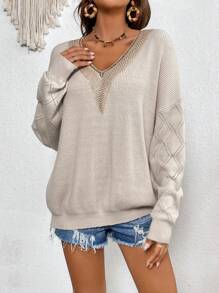 SHEIN VCAY Women's Drop Shoulder Long Sleeve Sweater - Apricot - View 3