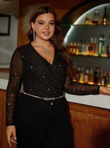 Gownix Plus Size Women's Metallic Star Overlap V-Neck Mesh Long Sleeve Bodysuit,Party Event Suitable For Autumn And Winter
