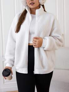 SHEIN EZwear 大碼落肩袖拉鏈開襟毛絨夾克 - 白色 - 查看 3