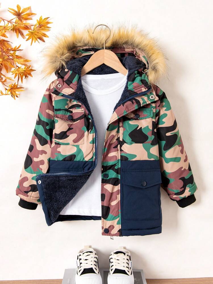 Young Boy Camo Print Fuzzy Trim Hooded Thermal Lined Coat Without Tee