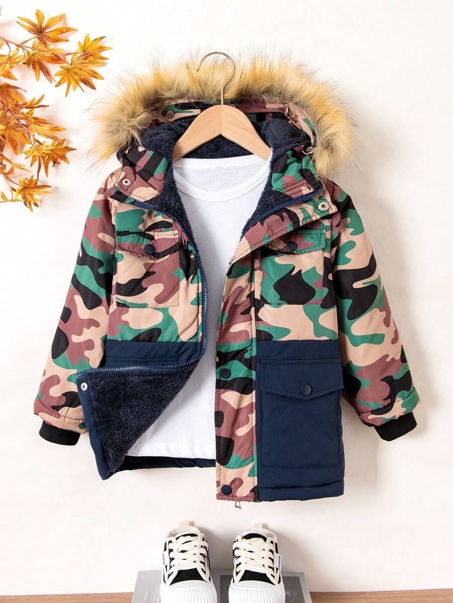 Young Boy Camo Print Fuzzy Trim Hooded Thermal Lined Coat Without Tee - Multicolor - View 1