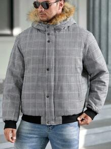 Manfinity VCAY Chaqueta acolchada con capucha con cremallera, con estampado a cuadros y ribete de felpa, de corte holgado y talla grande para hombre, para otoño e invierno - Multicolor - Ver 4