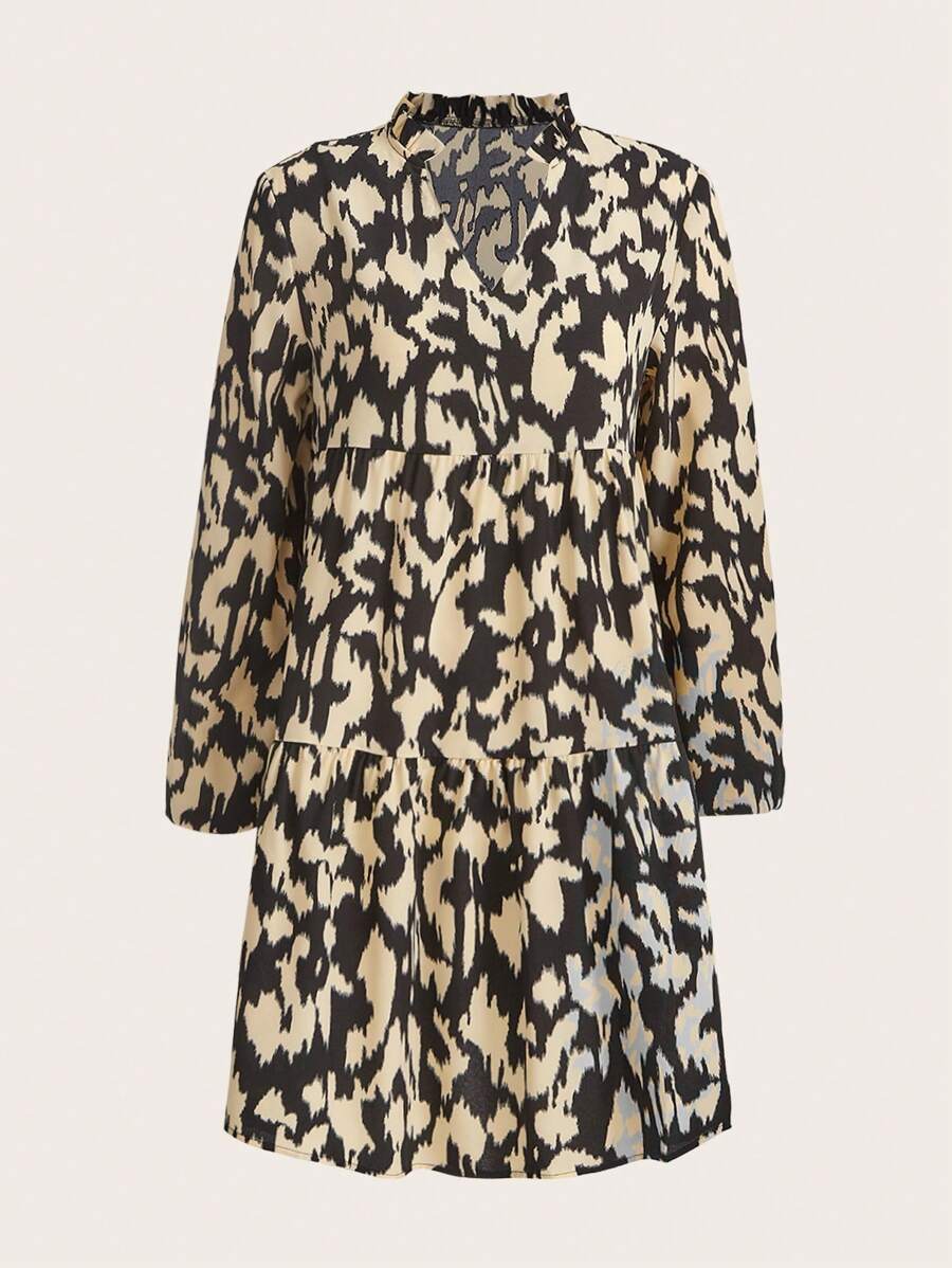 SHEIN Frenchy 翻领长袖撞色印花宽松时尚连衣裙 - 彩色 - 查看 1