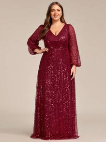 EVERPRETTY Plus Size Women Elegant Lantern Sleeve Sequin Deep V Formal Evening Dress - Burgundy - View 6