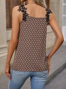 SHEIN Clasi Allover Print Lace Appliques Cami Top - Khaki - View 2