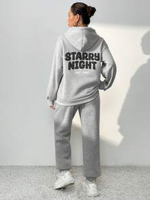 SHEIN Unity 字母圖案落肩袖連帽衫和運動褲 - 灰色 - 查看 3