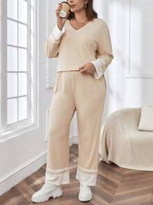 SHEIN Essnce Plus Drop Shoulder Tee & Contrast Panel Pants - Apricot - View 4