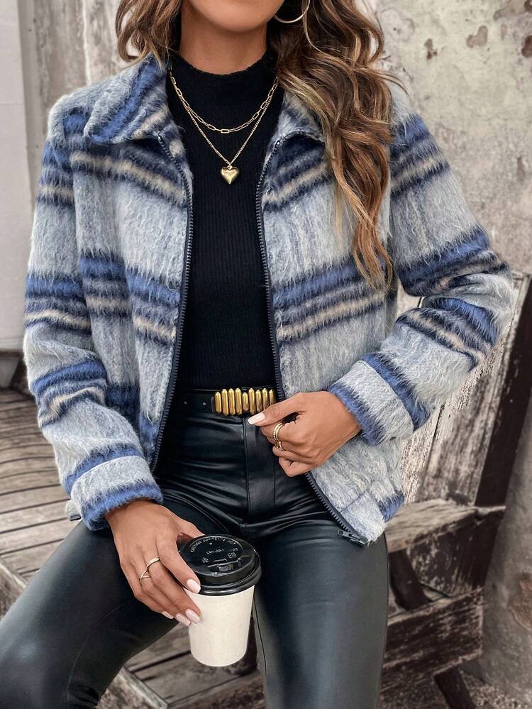 Women's Color Block Stripe Zipper Jacket Fall Cloth For Women
