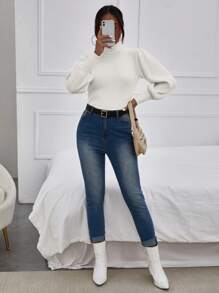 EURMUSE Màu thuần Áo cao cổ Tay áo lồng đèn Áo len - Màu Xám nhạt - Xem 3