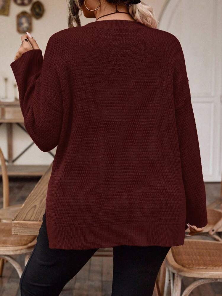 Plus Solid Drop Shoulder Split Hem Sweater, Winter Knit Pullover Fall Autumn