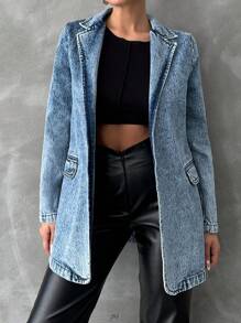 EURMUSE Women's Lapel Collar Front Open Denim Jacket - Medium Wash - View 3