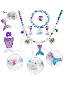 女大童8入組美人魚設計套裝洋裝&美人魚尾巴和耳飾和項鏈