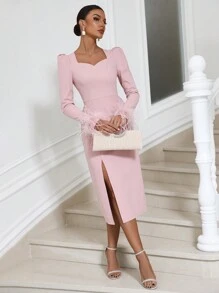 Zolique Fuzzy Cuff Split Thigh Fitted Dress - Pink - View 6