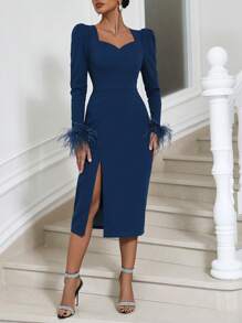 Zolique Cổ Trái tim 	
Fuzzy Cổ tay áo Tách đùi Đầm - Màu xanh ngọc - Xem 3