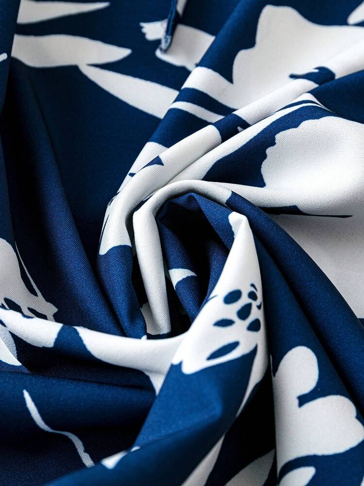 SHEIN LUNE Camisa Con Cordones Y Cuello Con Estampado Floral De Talla Grande - Azul - Ver 3