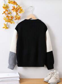 SHEIN Boys' Contrasting Drop Shoulder Sweater - Black and White - View 2