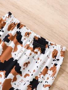 SHEIN Young Girl High Low Ruffle Trim Tee and Flare Leg Pants With Scarf - Multicolor - View 5