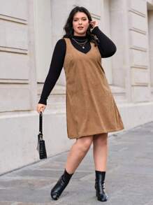 SHEIN Essnce Plus Solid Overall Dress Without Tee - Khaki - View 5