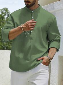 Manfinity Homme 男士大尺寸純色捲袖立領襯衫 - 墨綠色 - 查看 4