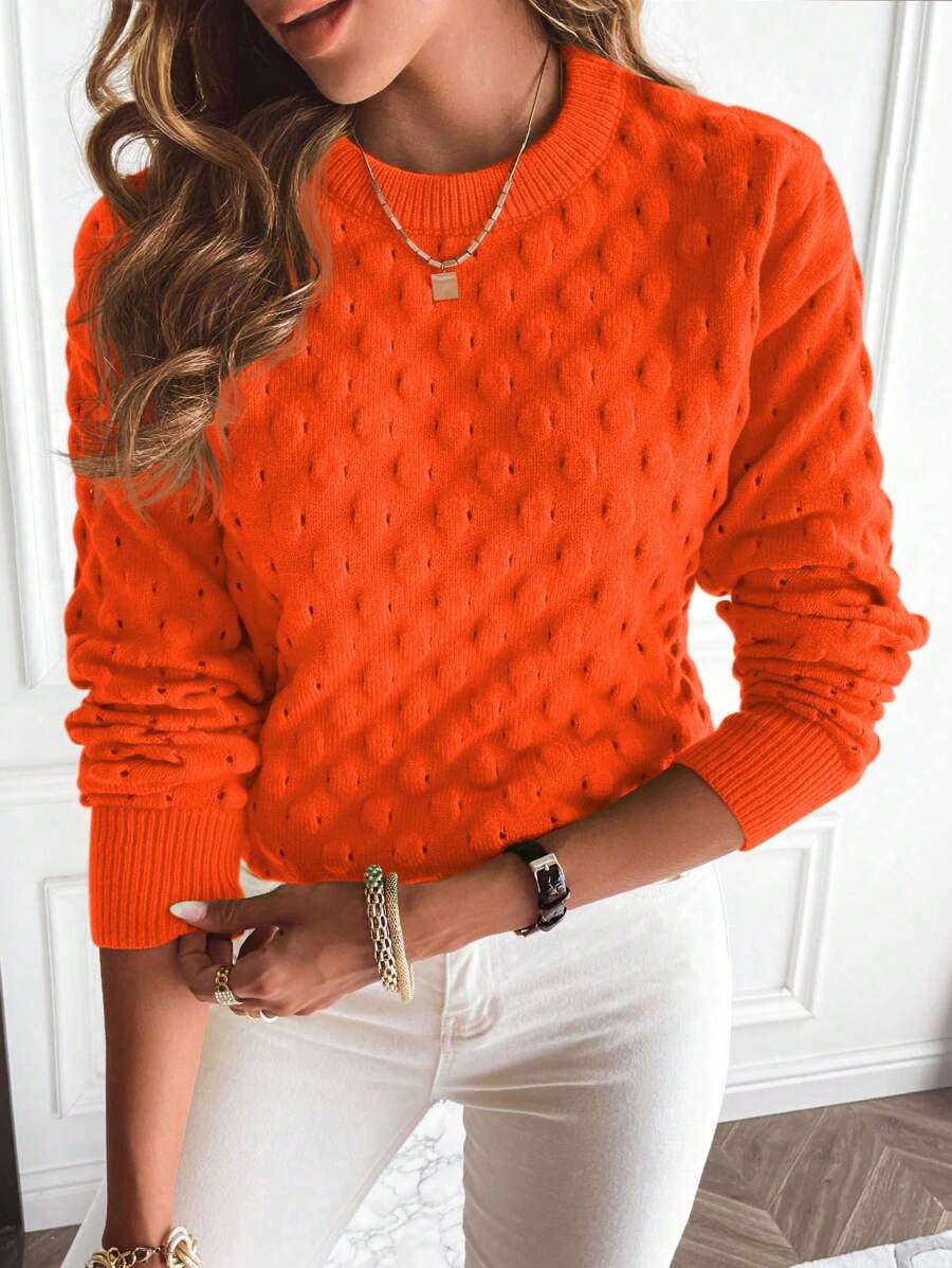 Calvaya Solid Popcorn Knit Drop Shoulder Sweater,Long Sleeve Tops Knit Pullover Fall Winter Sweater - Orange - View 1