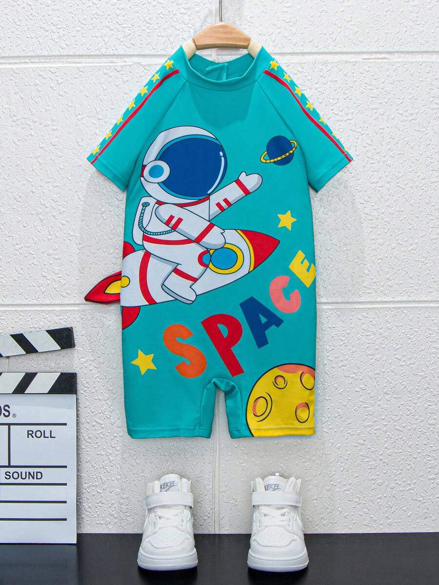 Young Boy Astronaut & Letter Graphic Raglan Sleeve One Piece Swimsuit - Green - View 1