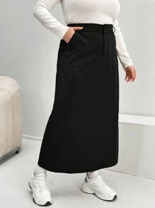 SHEIN Essnce 大碼斜口袋開衩短裙 - 黑色 - 查看 4