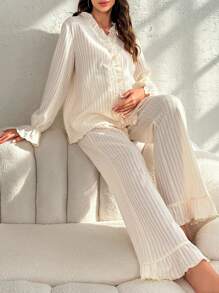 SHEIN Maternity Ruffle Trim Flounce Sleeve Sleep Top & Adjustable Waist Sleep Pants For Mother, Pajama Set - Beige - View 5